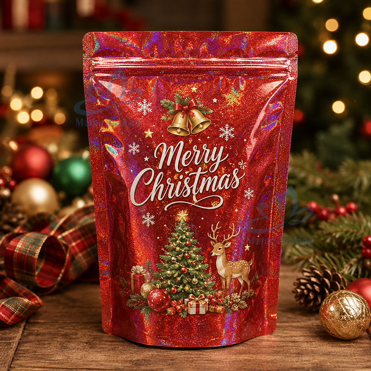 Red Christmas stand up pouch for holiday candy, cookies, snacks, and custom festive food packaging b