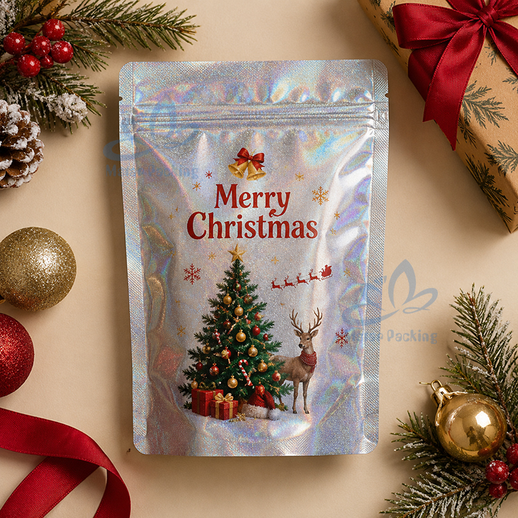 White holographic Christmas stand up pouch for holiday candy, cookies, snacks, and custom festive fo