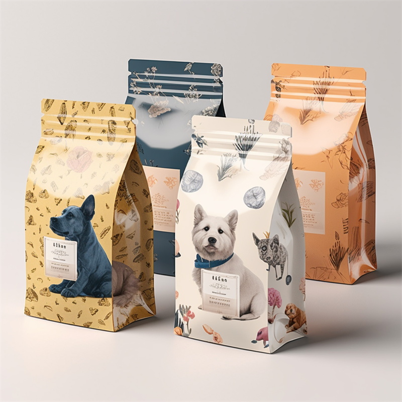 Pet food packaging bags demonstrating various styles and closures